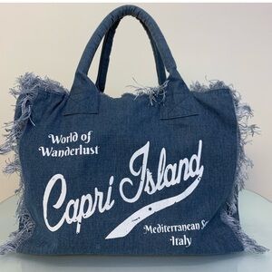 Capri Island Denim tote with silk screened graphic Italy handbag bag